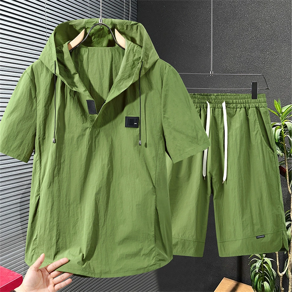 11XL Plus Size Suits Summer Tracksuits Men Summer Sets Casual Fashion Quick Drying Hooded Shirts Shorts Suits Male Big Size 11XL