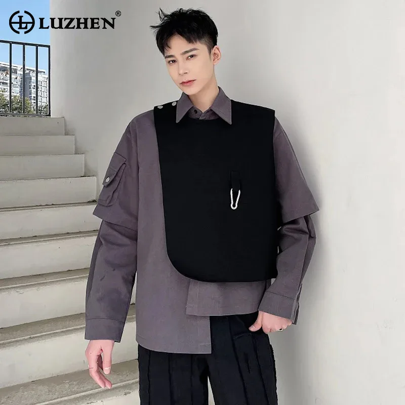 LUZHEN Metal Decorate Asymmetric Design Vest Two Piece Long Sleeved Shirts Detachable Men Personality Trendy Clothes LZ7905