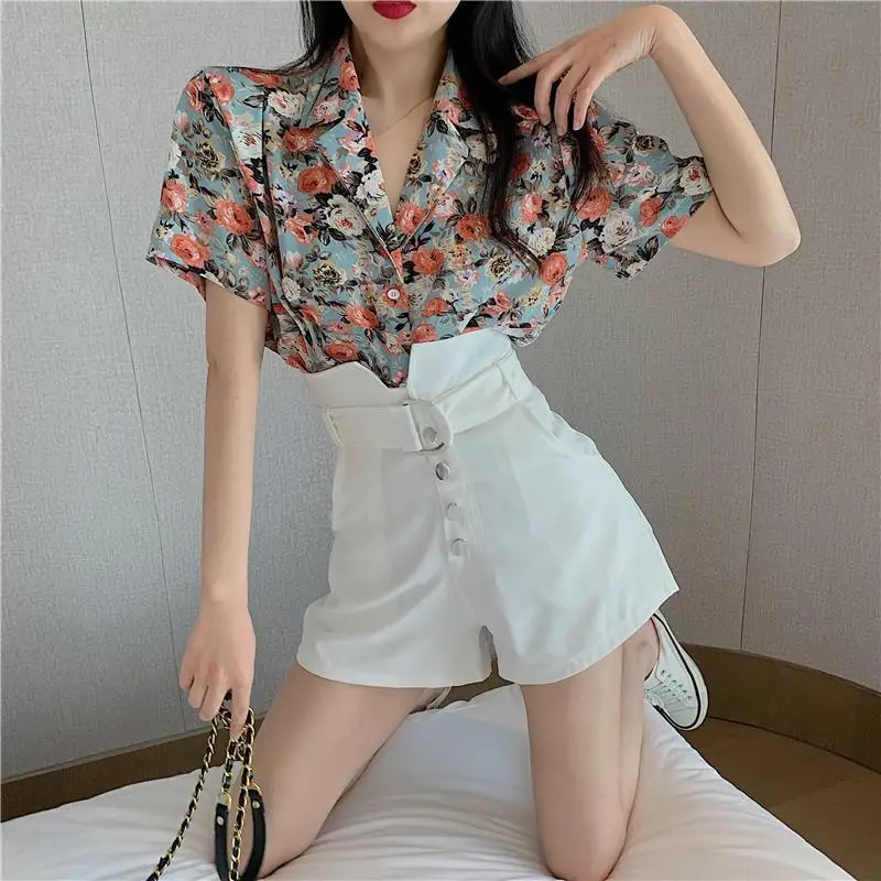 Youth Casual Floral Loose Top Pretty and Cheap Women\'s Blouses Chiffon Short Sleeve Vintage Blue Preppy Woman Buttoned Shirts