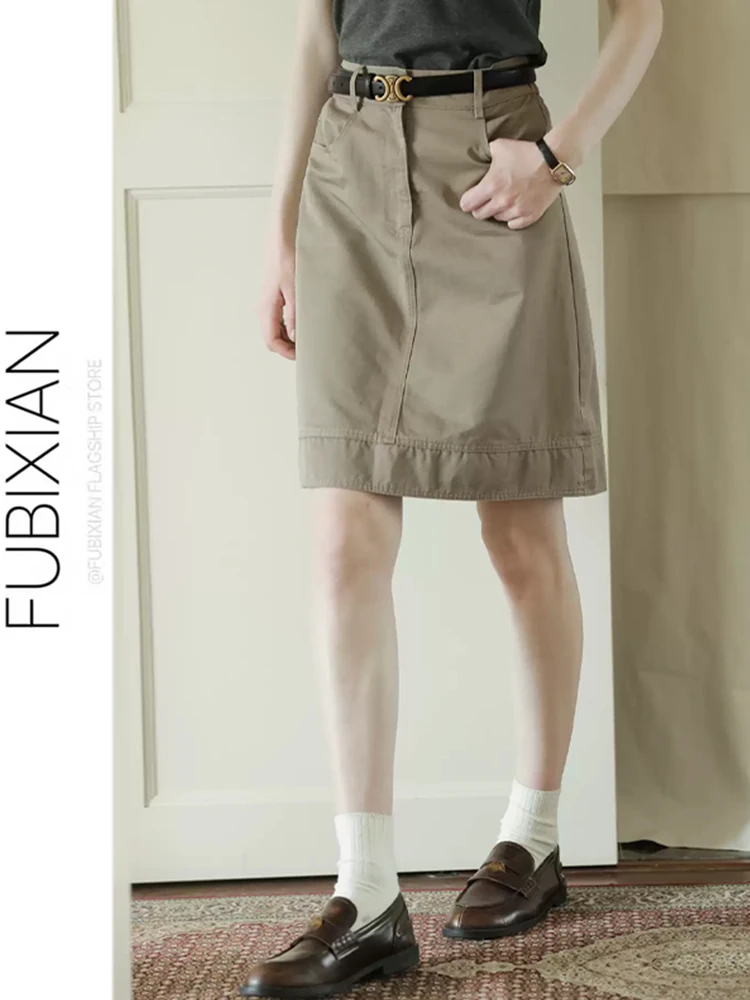 Retro Khaki High Waist Straight Cut  Skirt Women Summer New Cotton Sensation Commute Versatile Black A-Line Short Skirt