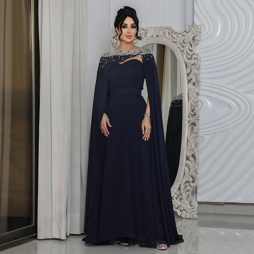 Navy Evening Dress with Detachable Cape Sweetheart Beading Sequined Arab Prom Dresses Chiffon A Line Formal Occasion Gown