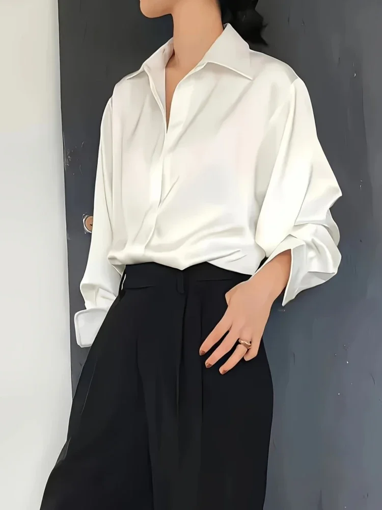 حجم كبير قمصان حريرية فضفاضة غير رسمية للنساء 2025 موضة كم طويل زر أسفل بلوزة كبار أنثى أنيقة قمة صلب ملابس مكتب #4
