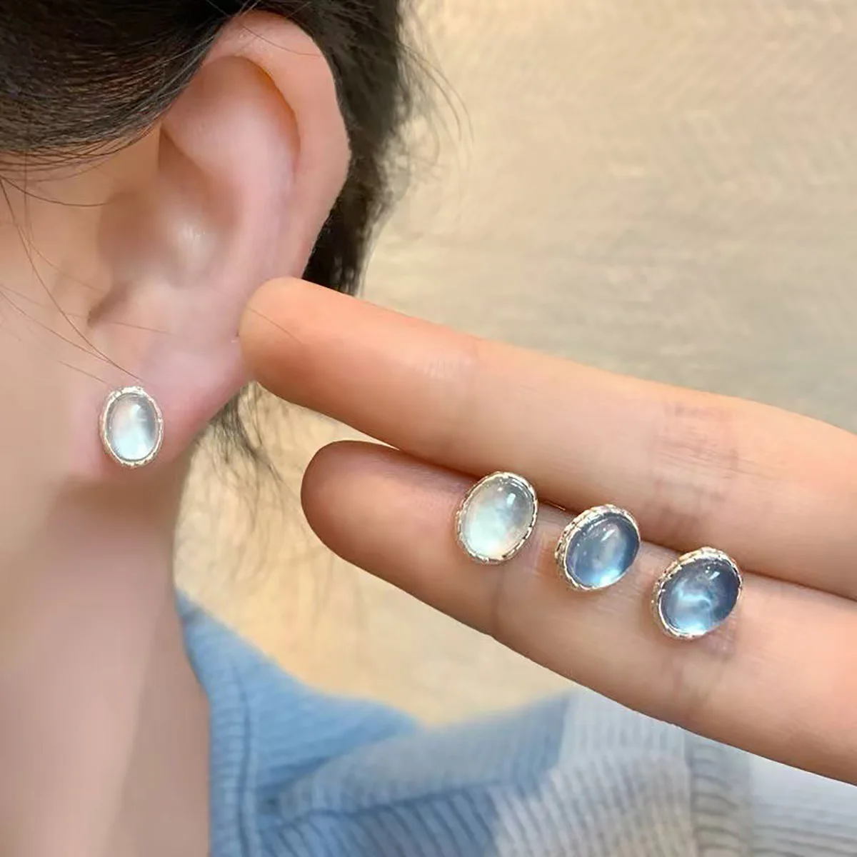 2025 New Fresh Compact Haibao Blue Oval Earrings Simple Gentle Temperament  Dainty Daily Wear Jewelry Accessories