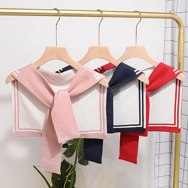 New Korean College Navy Stripe Wool Knit Shoulder Cape Knotted Warm Shawl Summer Air Conditioned Room Protect Neck Woman's Scarf view 3