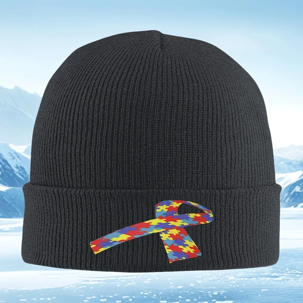 2026 Puzzle pieces ribbon black background Men Women Unisex Knitted Hat Beanie Pullover Cap Winter Thermal Warm Christmas Outdoo