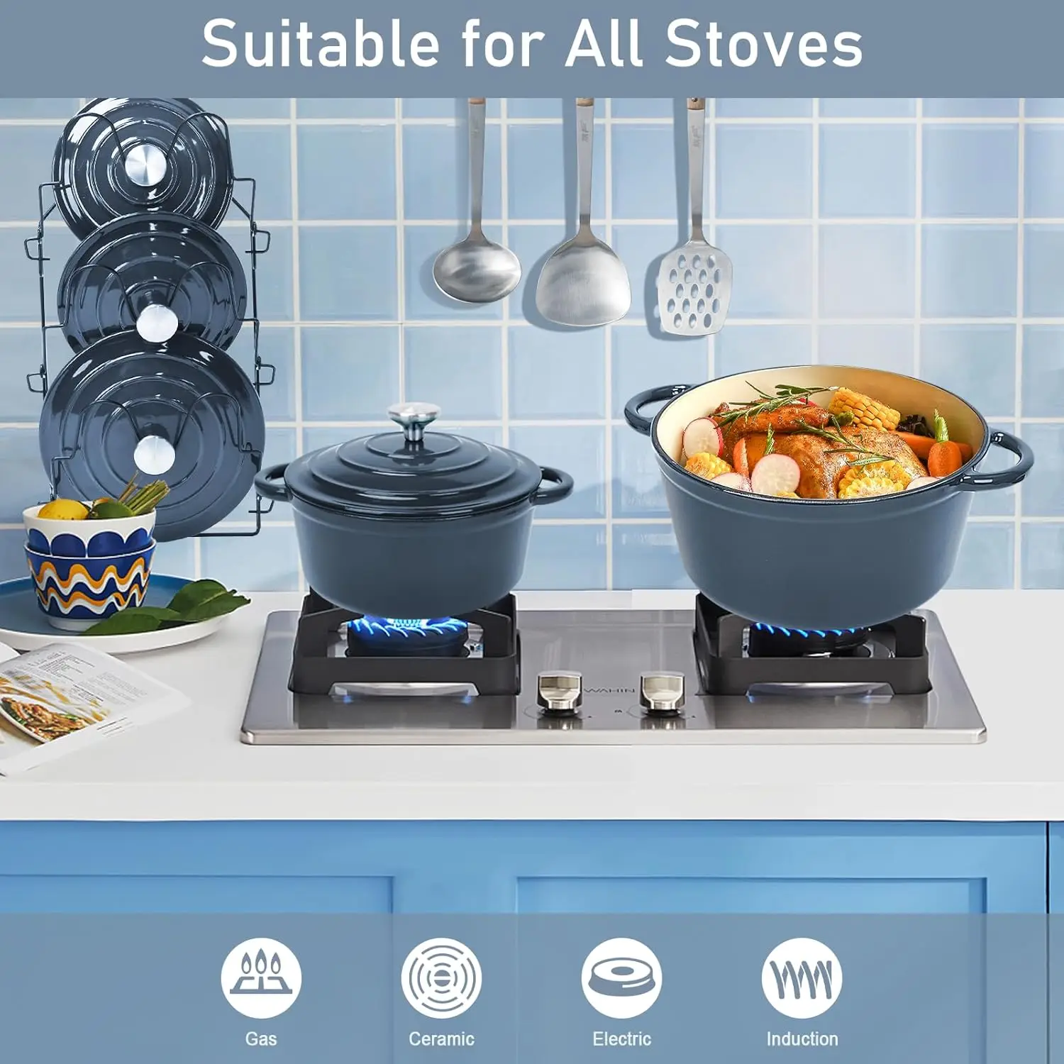 Enameled Cast Iron Dutch Oven- 9 Pieces Nonstick Cookware for Braising, Stews, Roasting, Bread Baking, Cooking Pot Oven Safe & C