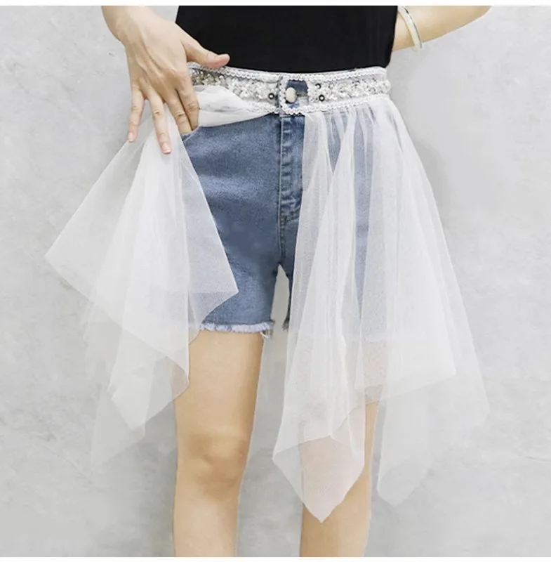 Fashion Denim Shorts Women 2025 Summer New High Waist Irregular Mesh Stitching Jeans Shorts Fake Two-Piece Skirt Shorts