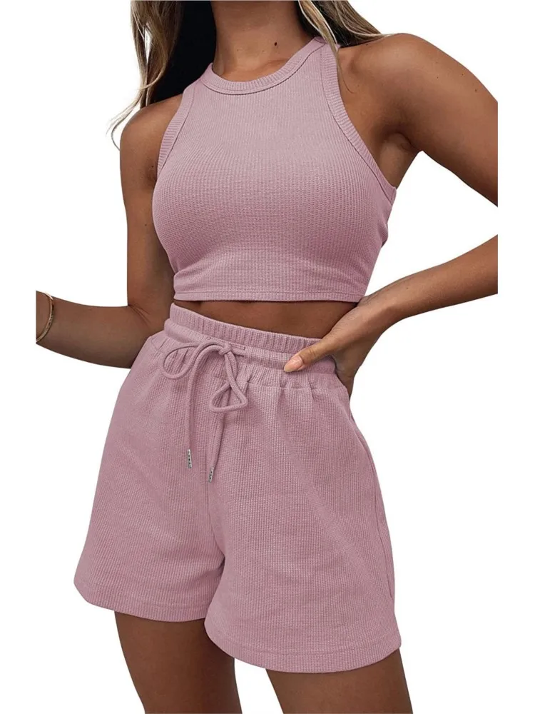 

Summer Fashion Solid Vest Short Two Piece Set Women Casual New Beach Lace Up Elastic Waist Sleeveless Vest Crop Tops Short Sets