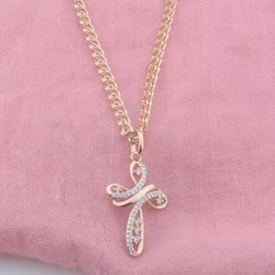 FJ Women 585 Rose Gold Color Butterfly Shaped Crystal Cross Pendant Link Chain