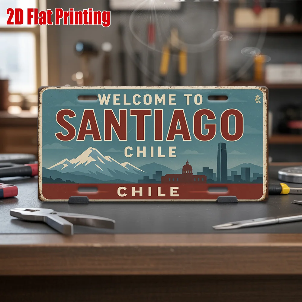 Bem-vindo a Santiago do Chile, Placa de Metal Decorativa Estilo Placa de Carro com Impressão Plana 2D, Tema Paisagem Urbana Andina em Alumínio