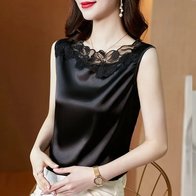 High Quality Satin Elegant Chic Lace Flower Patchwork Sleeveless Tops for Women Korean Fashion Solid Slim Shirts Blouses Clothes