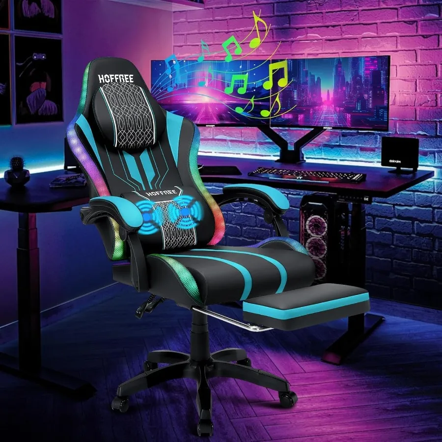 LED Gaming Chair with Speakers Massage Big and Tall Computer Gaming Chairs Ergonomic Reclining Heavy Duty Game Chair with Footr