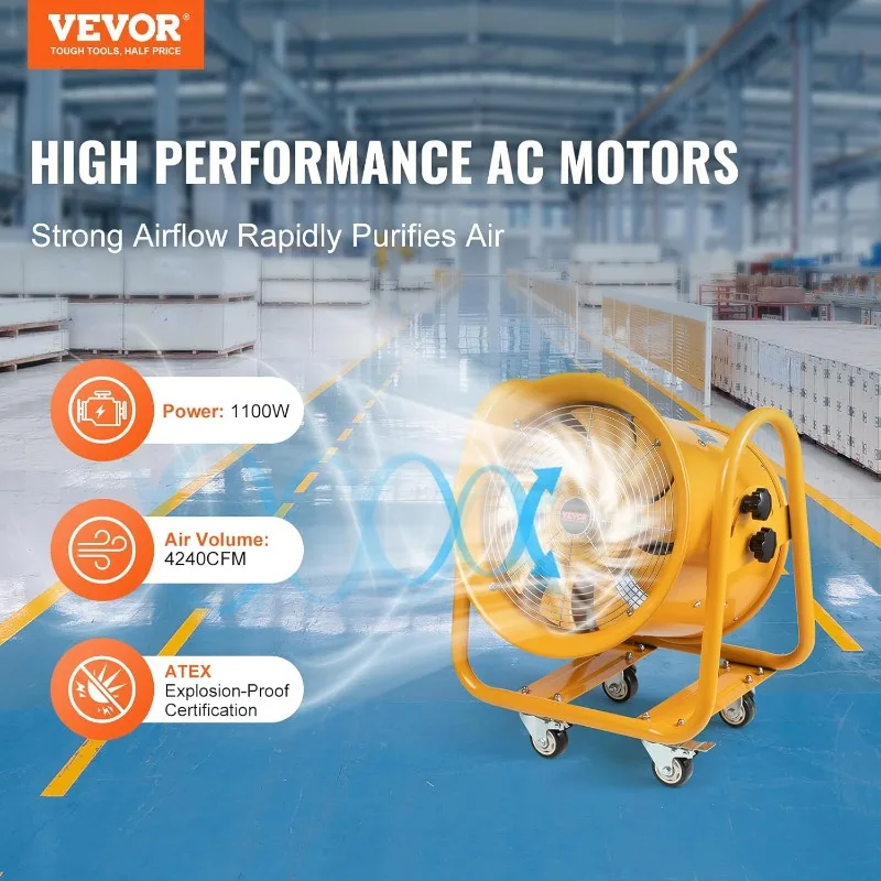 VEVOR Industrial Portable Ventilator Explosion Proof, 1100W 4240CFM High Velocity Air Mover, 16 Inch Utility Blower Exhaust Fan