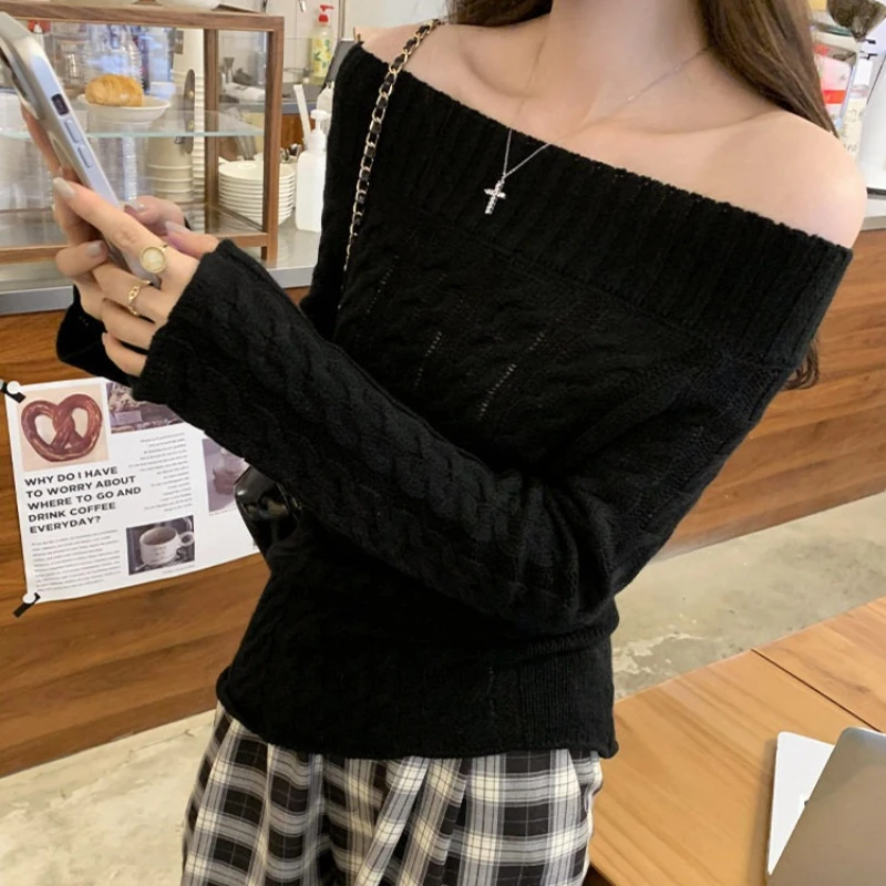 Women's Cable Knit Sweater Boat Neck Long Sleeve Off-the-Shoulder Jumper Fitted Tops Pullovers Autumn Winter Elegant Chic