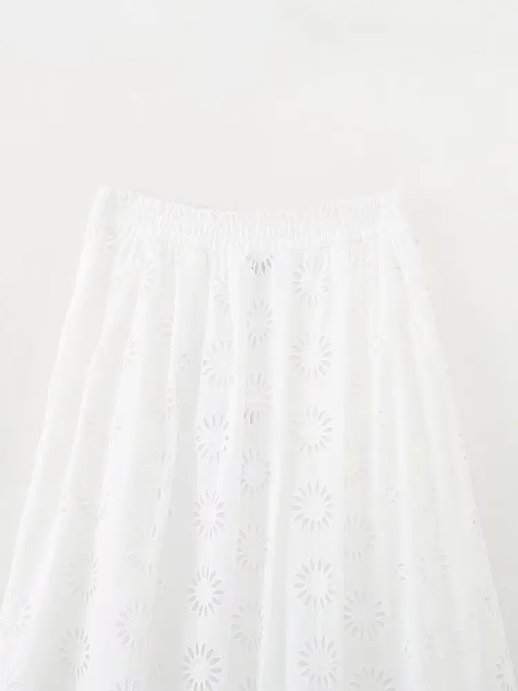 Maxdutti Moroccan Retro Hollow Embroidery Skirt Womens Midi Skirt White Ladies Cotton Casual High Waist