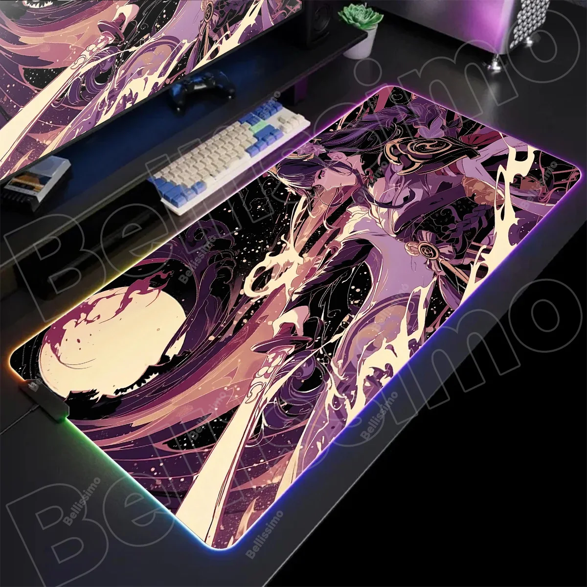 Genshin Impact RGB Mousepad Raiden Shogun Pc Gamer Keyboard Mouse Pad LED Lighting Glowing Mouse Mats Rubber Gaming Mausepad