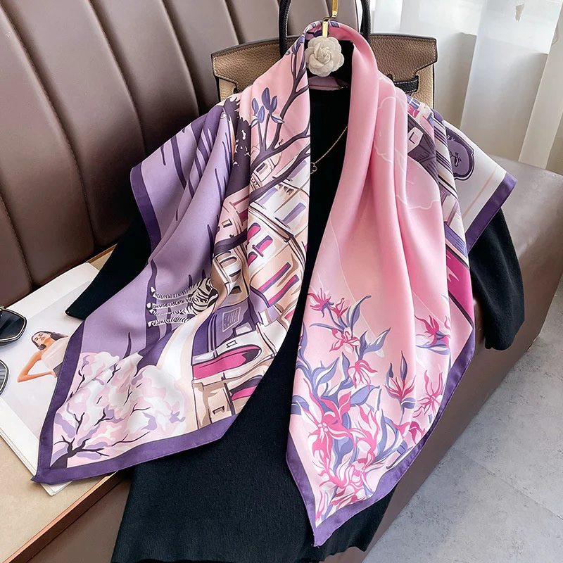 2024 Luxury Brand Square Scarf Design Shawl Wrap 90cm Print Twill Silk Women Hijab Female Foulard Headband Bandana