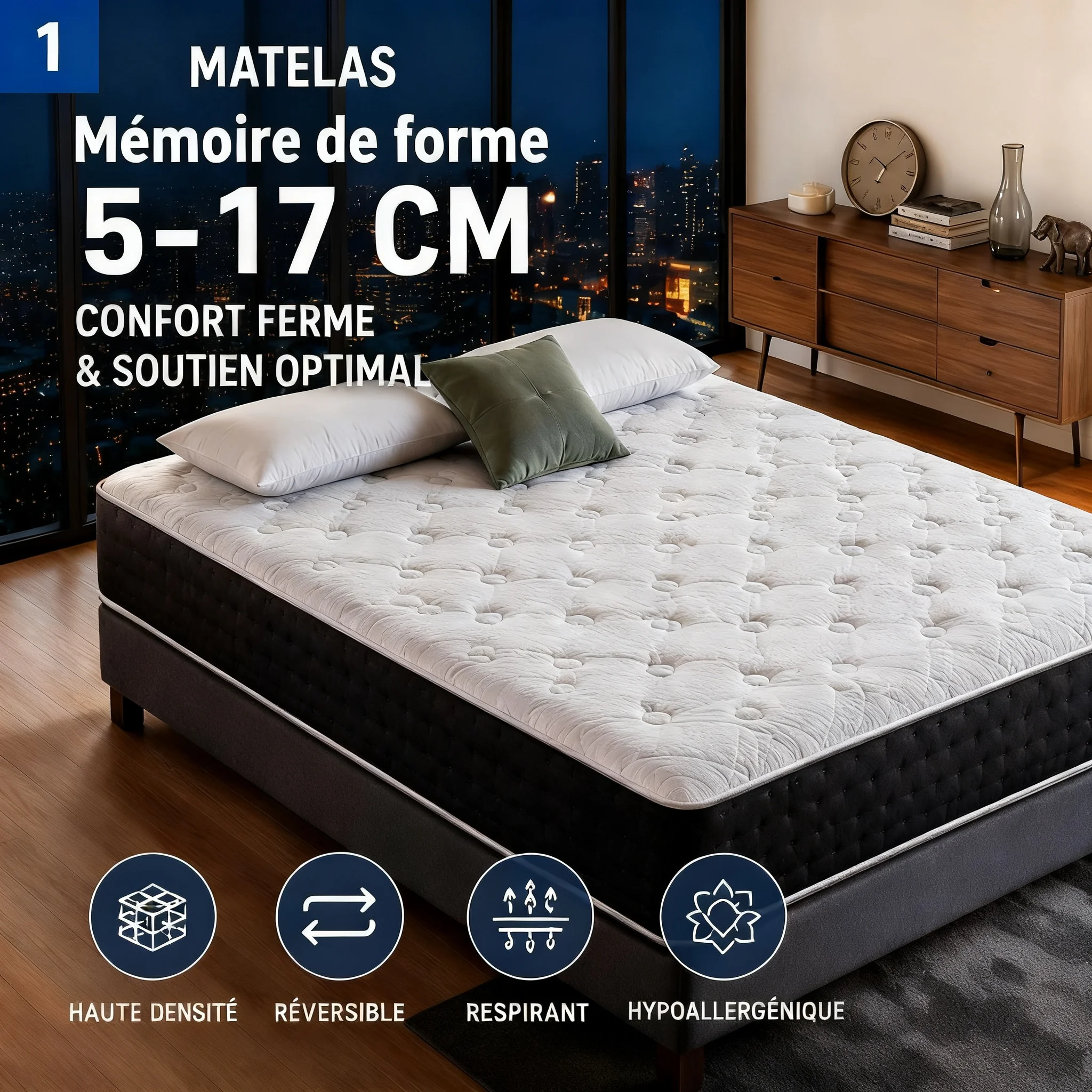 Matelas à Mémoire de Forme 5 à 17 cm, Soutien Ergonomique, Respirant, Hypoallergénique, Livraison depuis la France
