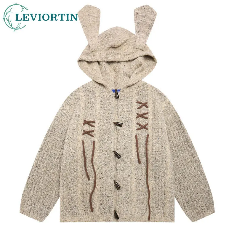 

Japanese horn button cardigan sweater, men's and women's Maillard lazy style loose and versatile niche rabbit ear jacket