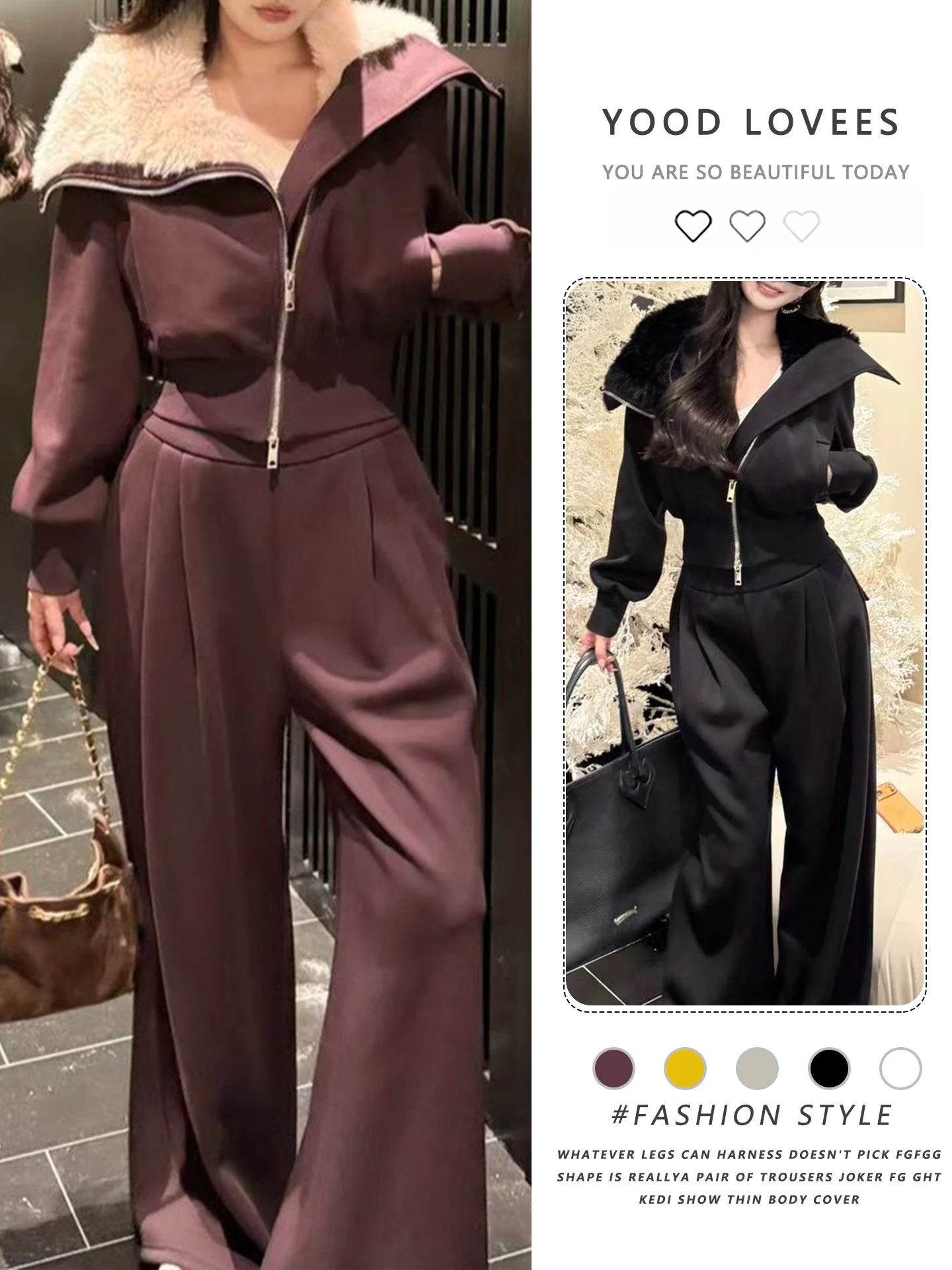 

Loose Fit Fleece Lined Long Sleeve Open Cardigan Sweatshirt Top Wide Leg Pants Set Autumn Winter Lazy Style High Collar Women...