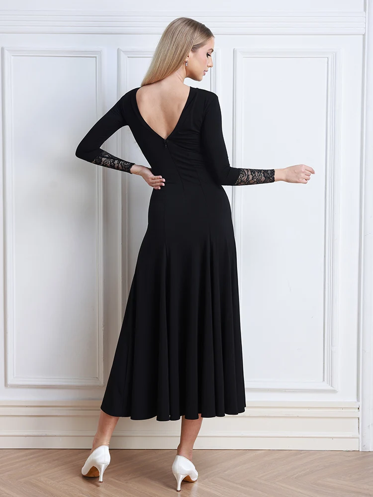 Women's Ballroom Dancing Dress Black Standard Dance Performance Costume Lace Sleeve Long Dresses Lady Waltz Dancewear AMY3098