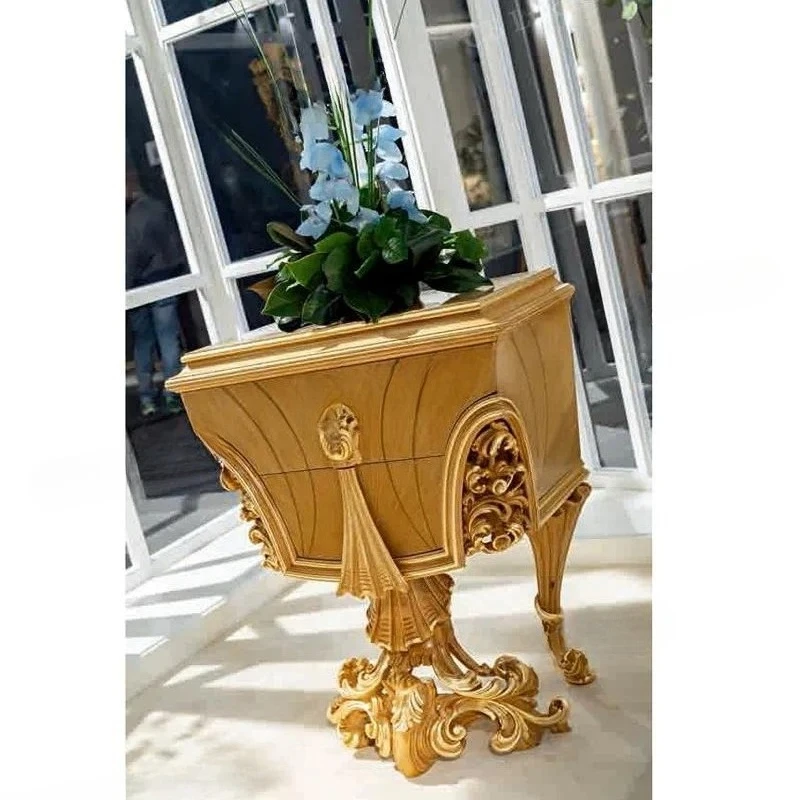 Antique Style Hand Carved Solid Wood Bedside Table Gold Decorative Nightstand for Master Bedroom Furniture