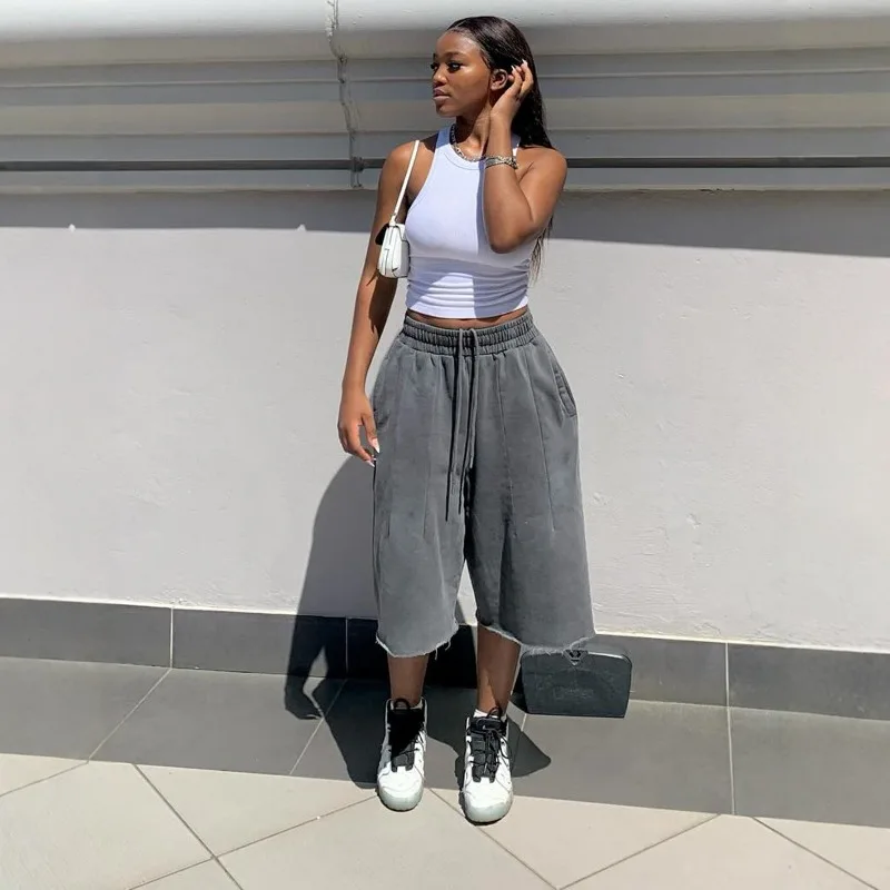 

Tassel Hem Solid Wide Leg Calf Length Pants Women Drawstring Elastic High Waist Loose Casual Trouses Streetwear Capris Bottoms