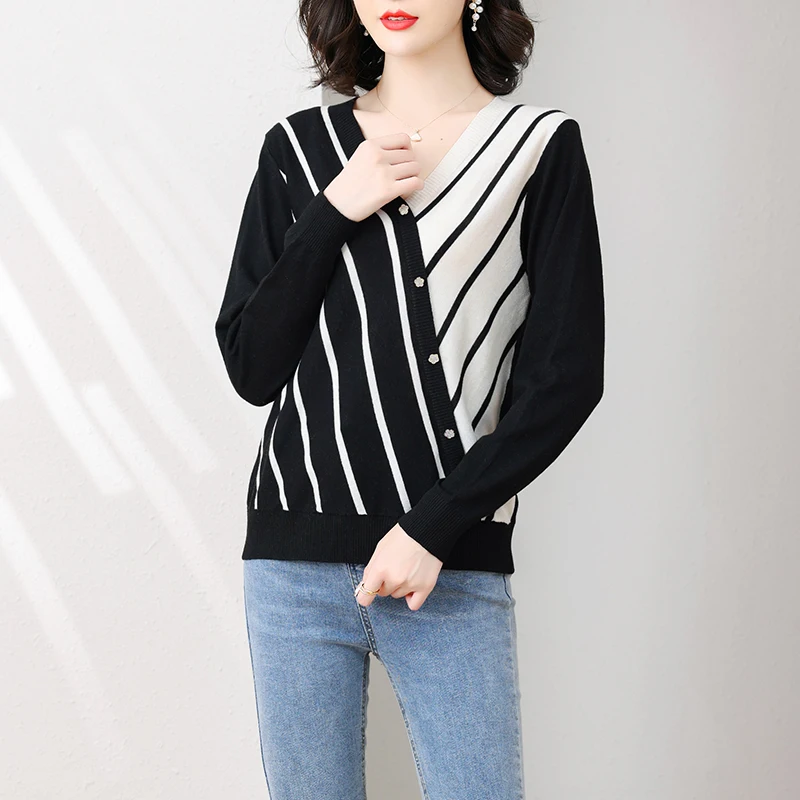 2022 New Arrival Women's Wool Blouse Spring V-Neck Knitwear Ladies Fashion Stripes Knit Tops Long Sleeve