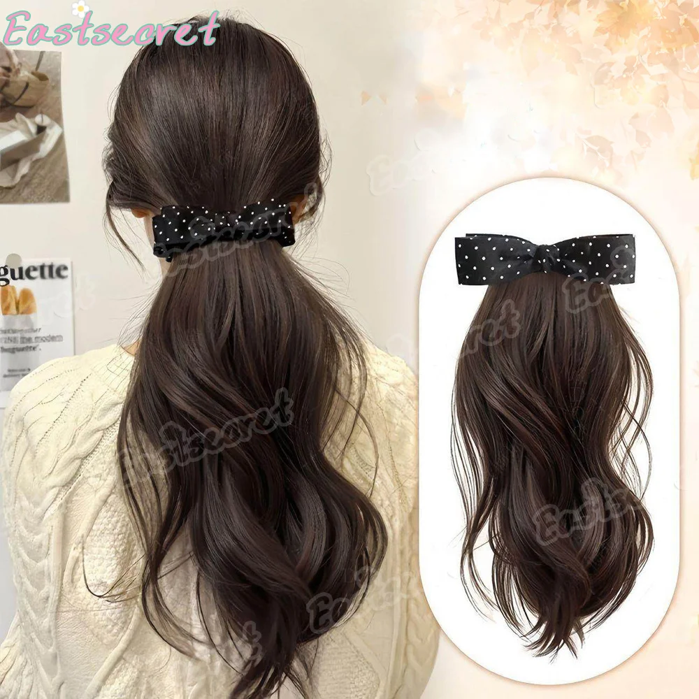 EAST Synthetic Wavy Hair Ponytail Extensions Wig Bow Hair Claw Clip Ponytail Hairpiece Fluffy Wavy Hair Ponytail Women Daily Use