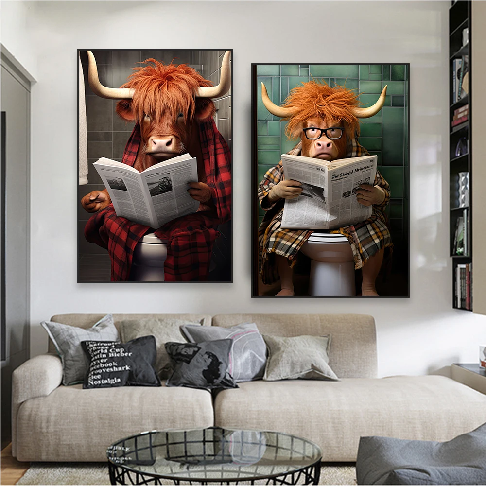 Highland Cow Reading Newspaper Print Funny Bathroom Poster Animal Funny Retro Wall Art Canvas Painting Home Toilet Decoration