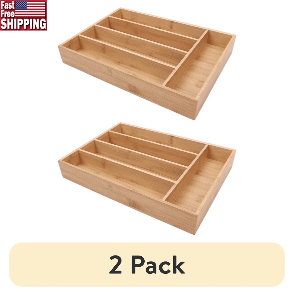 

Natural Bamboo Silverware Organizer 2 Pack Kitchen Drawer Storage Utensil Tray with 5 Compartments Durable Eco-Friendly Design
