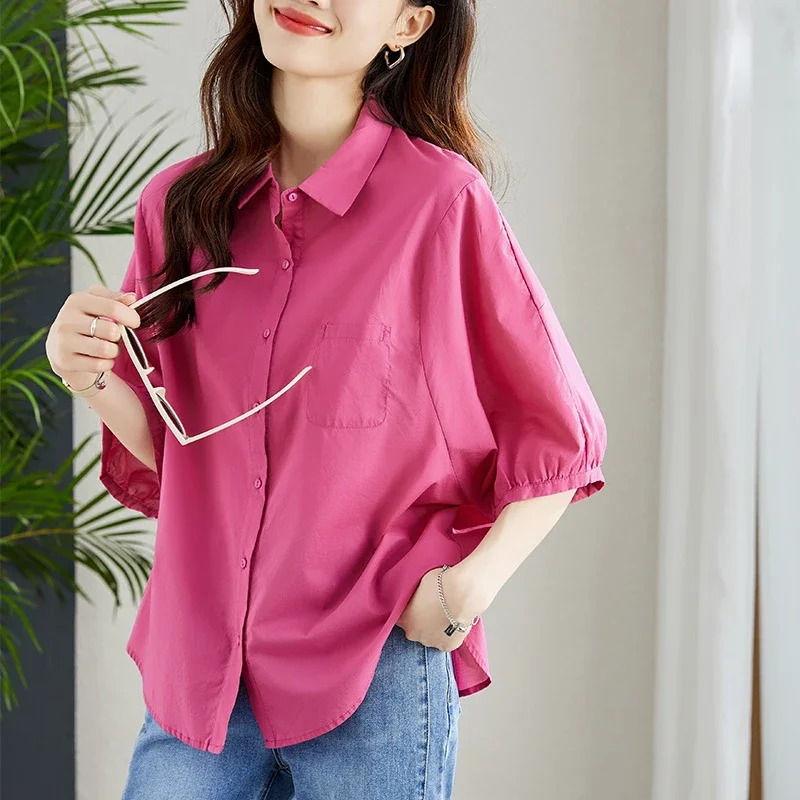 

Womens Rose Red Cotton Half Sleeve Shirt Summer Loose Casual Skin Friendly Blouse