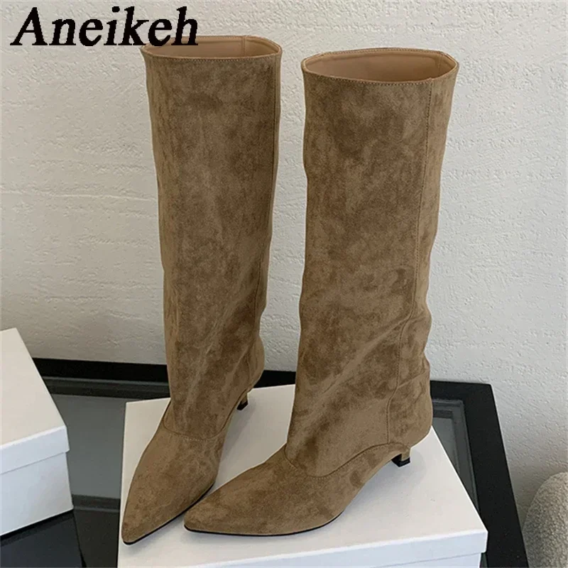 Aneikeh outono inverno apontou toe na altura do joelho botas sapatos mulher 2025 tendência designer vintage fino sapatos de salto baixo botas modernas