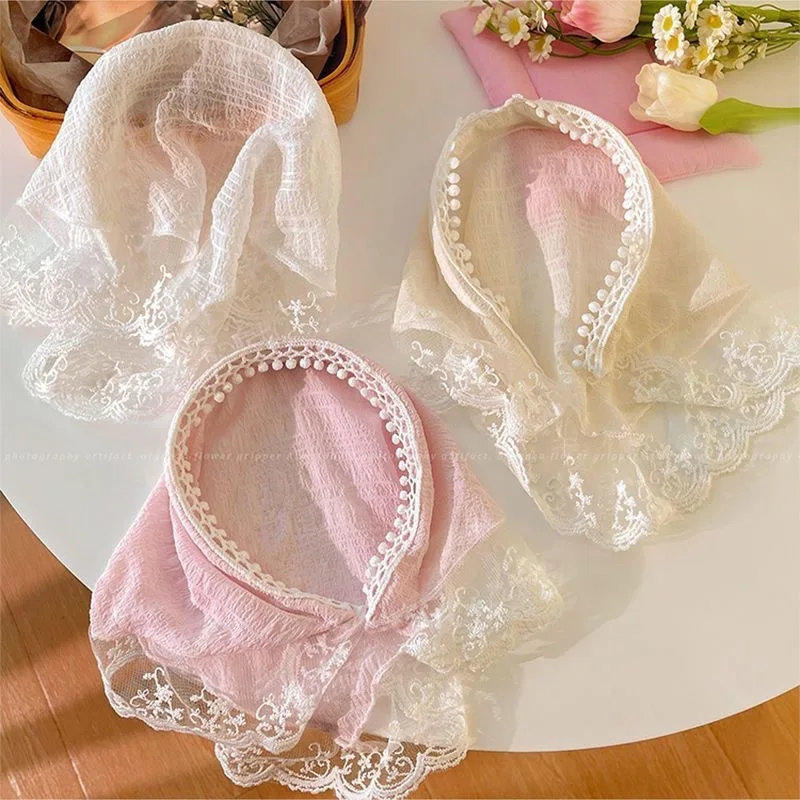Faixa de cabeça xadrez retrô francesa – bandana triangular com acabamento em renda para mulheres, acessório de cabelo doce e fofo