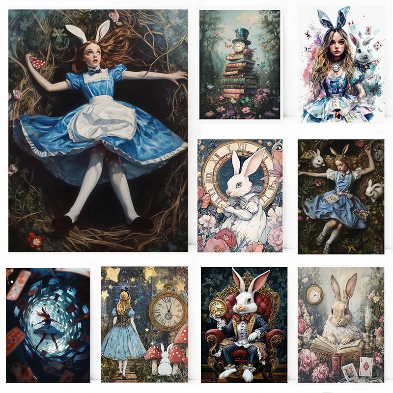 Alice in Wonderland Poster Classic Fairy Tale Stories Prints Canvas Painting Rabbit Wall Art Home Room Vintage Spring Decoration