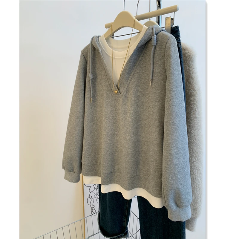 เสื้อฮู้ดคอวีไซส์ใหญ่สำหรับผู้หญิง แบรนด์ Thiened Fce แบบสองชิ้น ใส่สบายๆ สไตล์ลำลอง เหมาะสำหรับฤดูใบไม้ร่วงและฤดูหนาว สตรีทแวร์