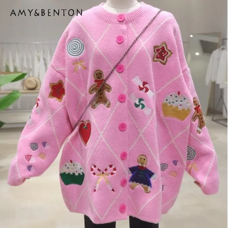 

Thick Cartoon Exquisite Cartoon Embroidery Cardigan Autumn Winter Loose Thickened Medium And Long Crew Neck Sweater Jacket Women