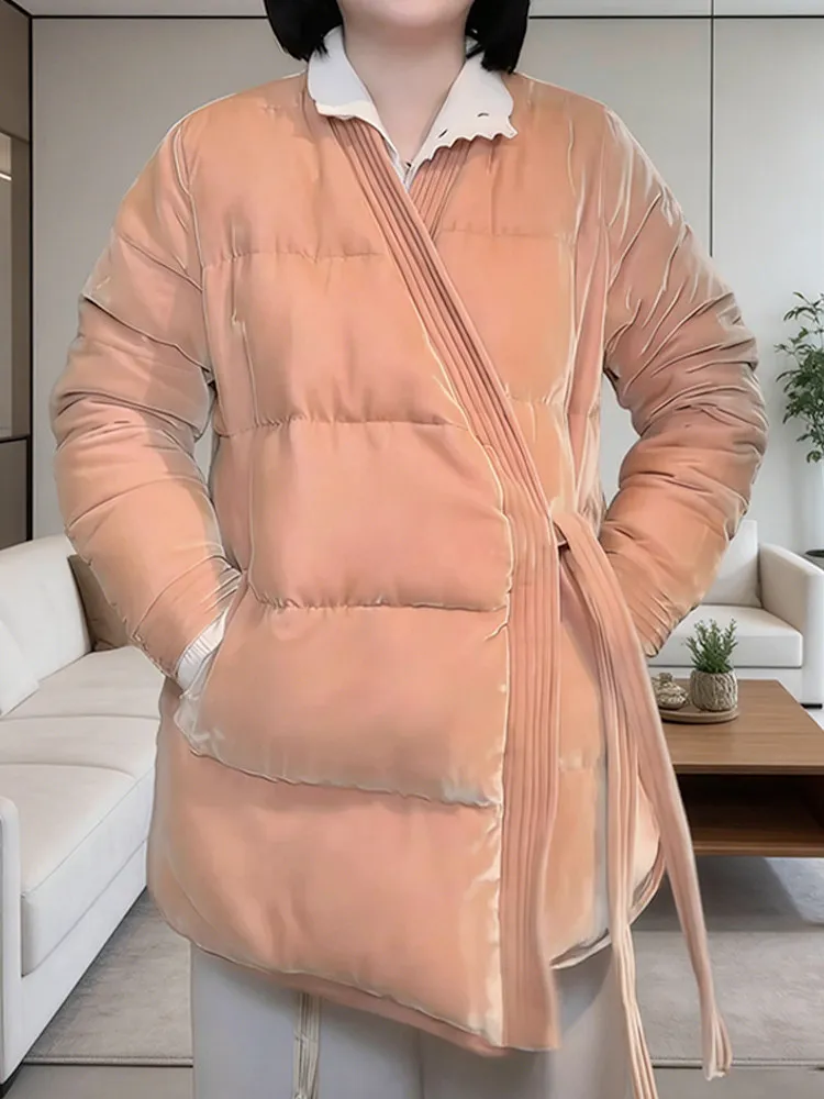 

Корейская женская зимняя куртка из хлопка с V-образным вырезом и завязками, новая модная теплая универсальная верхняя одежда для похудения