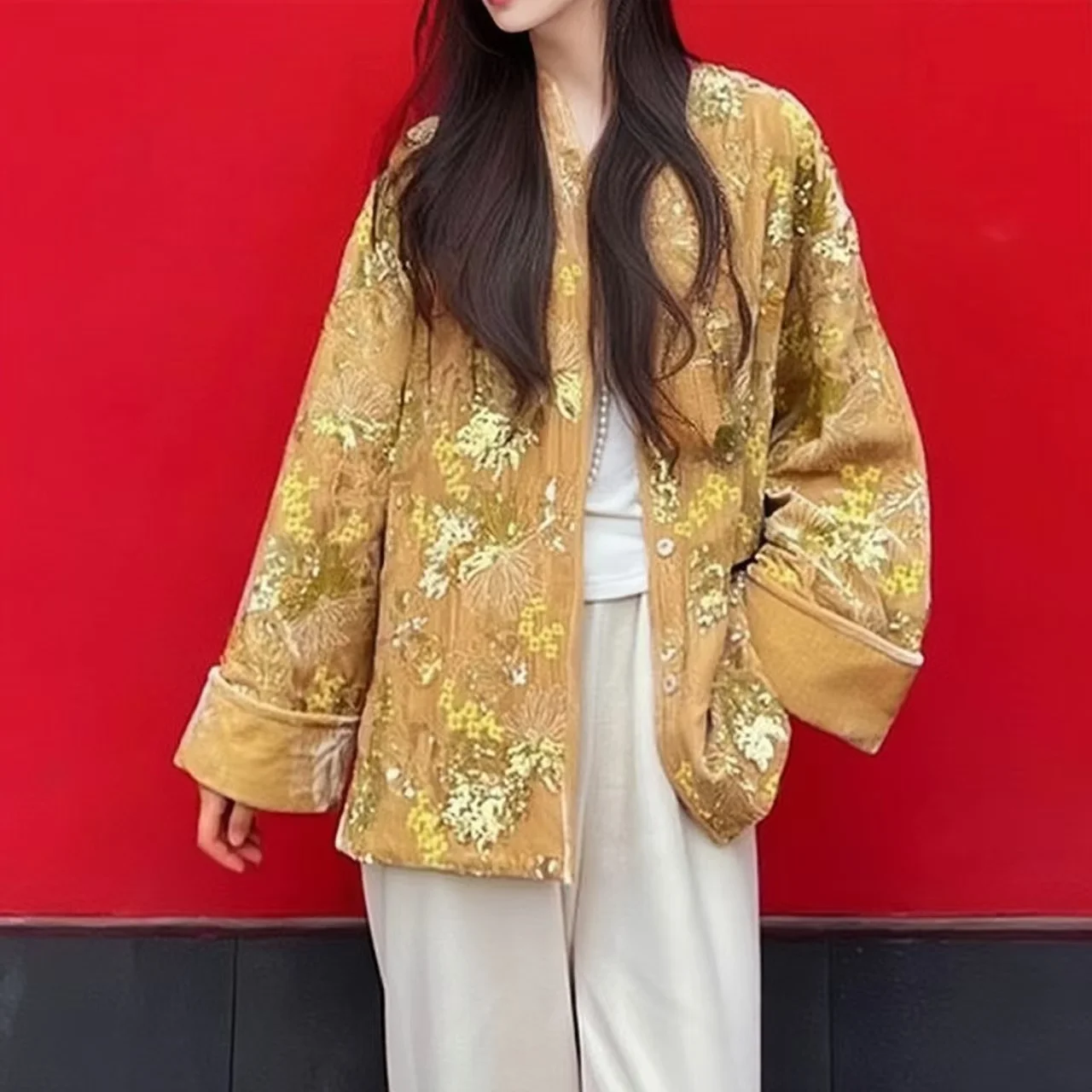 Women's Velvet Thick Cotton Coat Winter 2026 Edition Chinese Fashion Heavy Industry Glitter Jacket