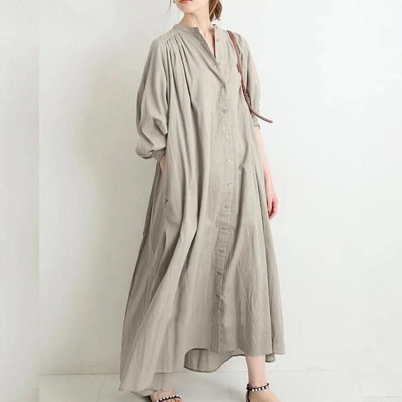 2023 Spring Summer New Solid Color Round Neck Single Breasted Vintage Dress Women Fashion Loose Casual Cotton Hemp Maxi Dresses