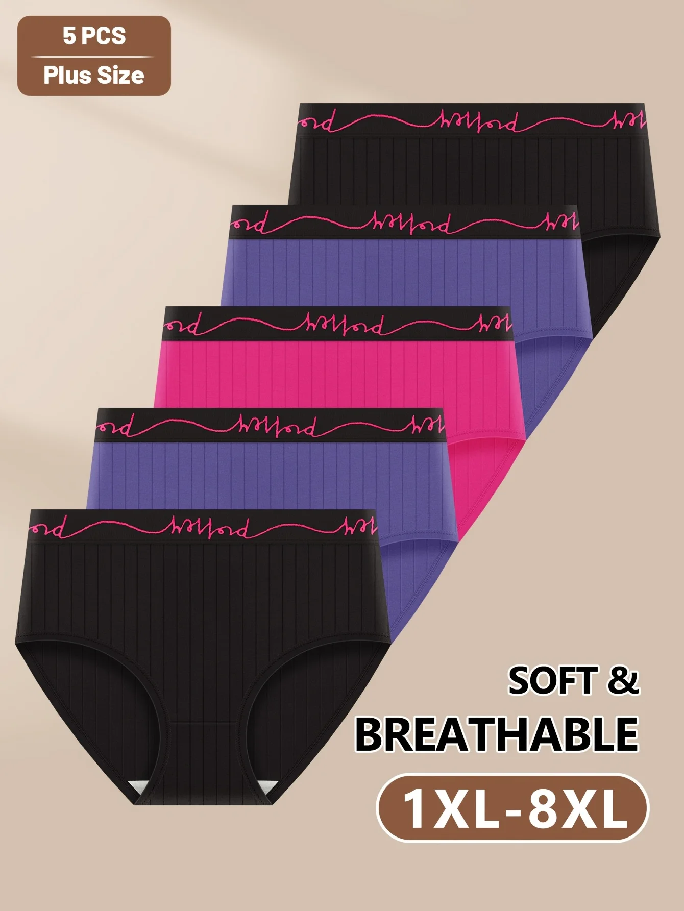 5dílné balení spodního prádla pro větší velikosti, nadměrné dámské kalhotky, střední pas s límečkem v pase a svislými pruhy, pohodlný střih - - náhled 5