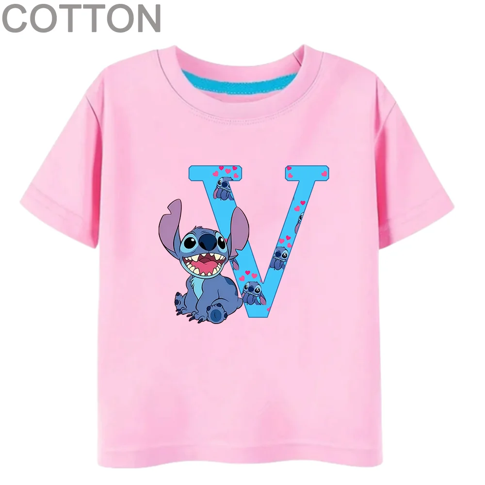 Stitch Letter ABC Cotton Children T-Shirt Name Combination Tee Shirts Cartoons Kawaii Kid Casual Clothes Girl Boy Harajuku Tops