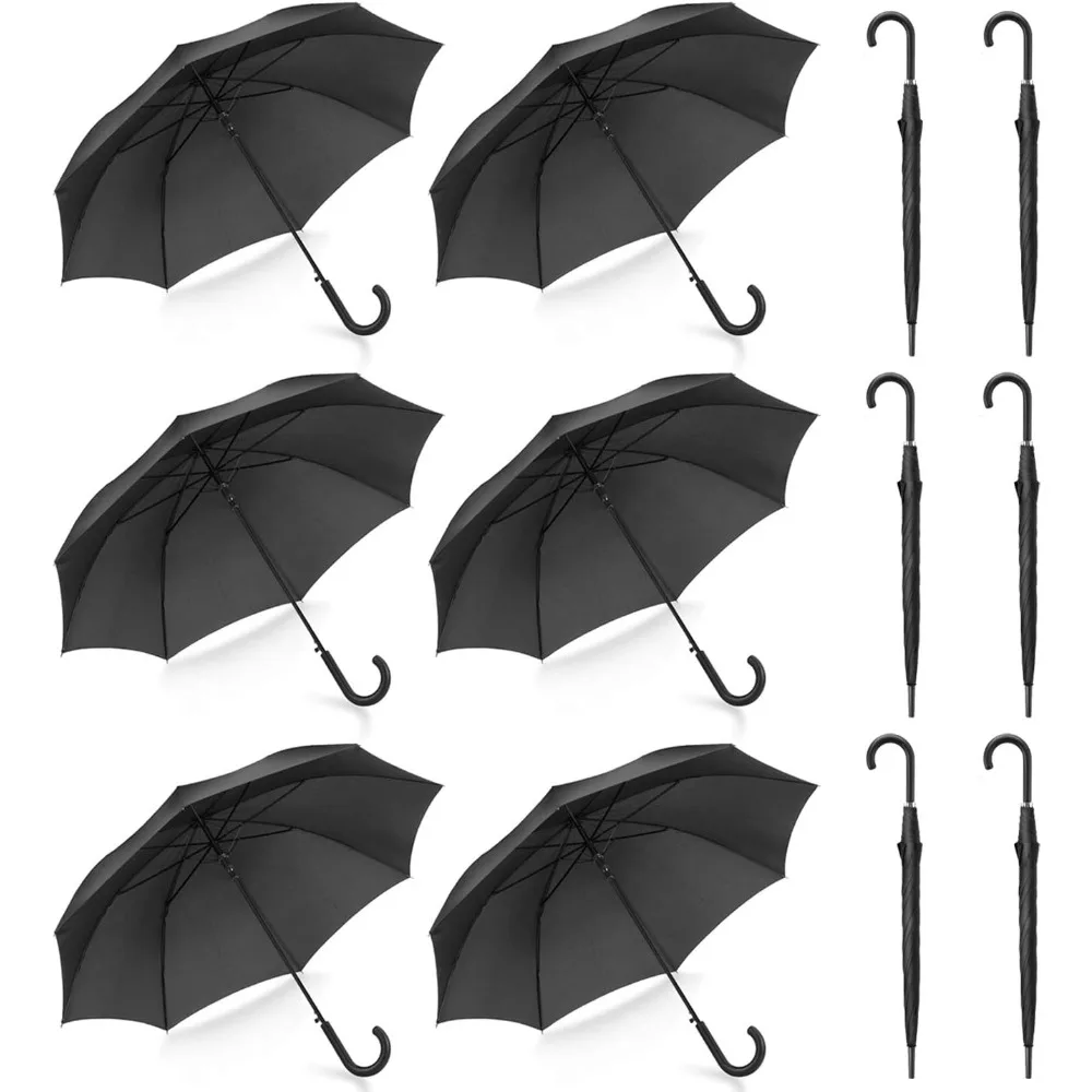 

Pack of 12 Parties Events Stick Umbrellas 46" Large Canopy Windproof Auto Open J Hook Handle in Bulk