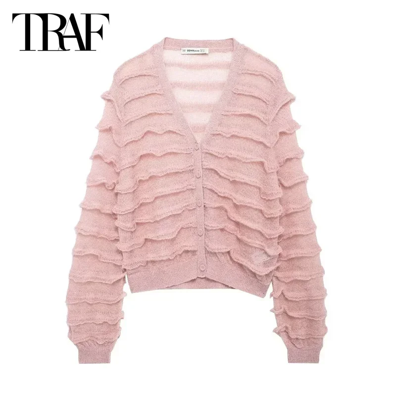 TRAF 2024 Women  Ruffled Transparent Cardigans Autumn Women Cropped Pink Knitted Sweater Outerwear Elegant Casual Short Knitwear