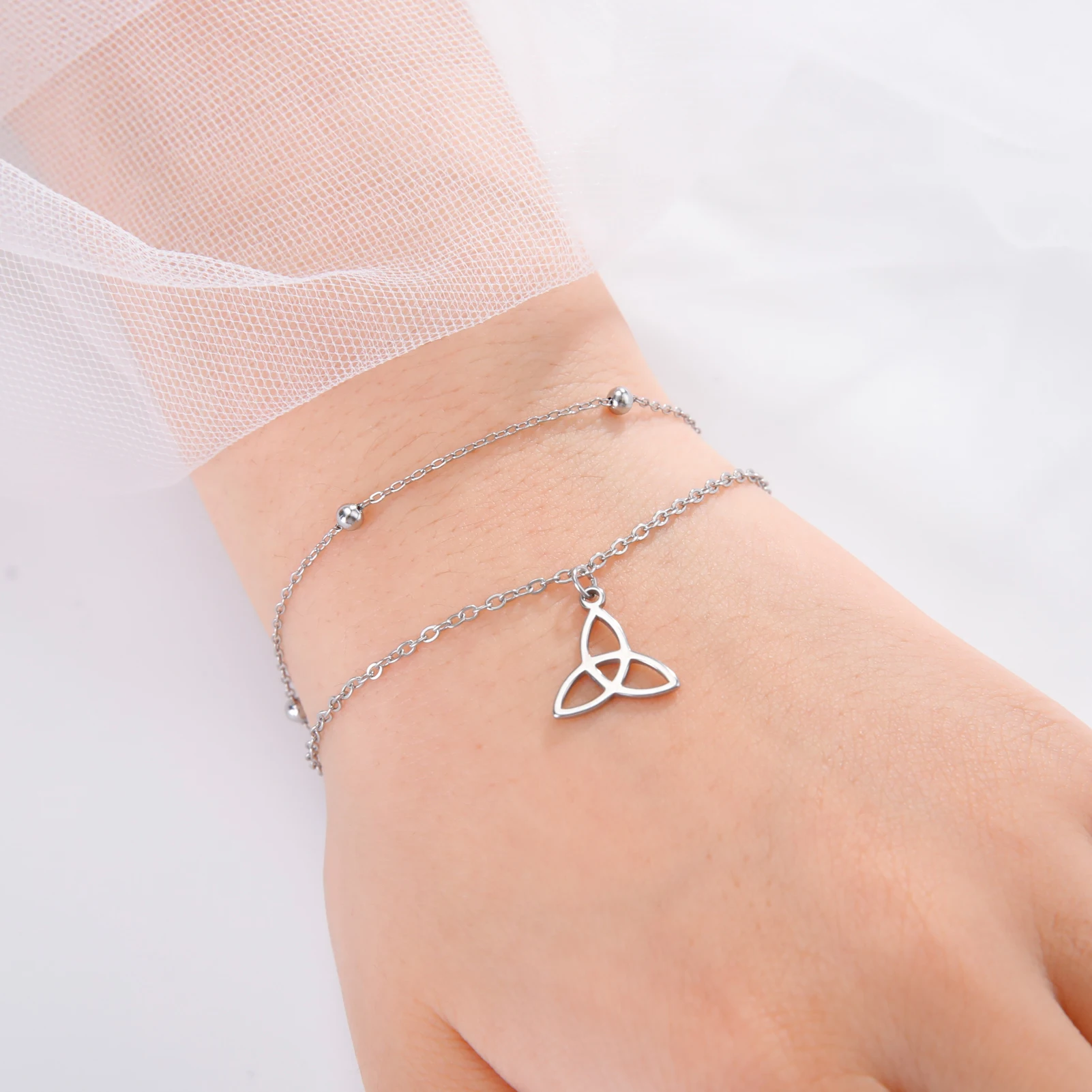 Irish Celtic Knot Trinity Charm Bracelet Double Bead Layered   Chain Amulet Stainless Steel Fashion Lucky Women Jewelry Gift