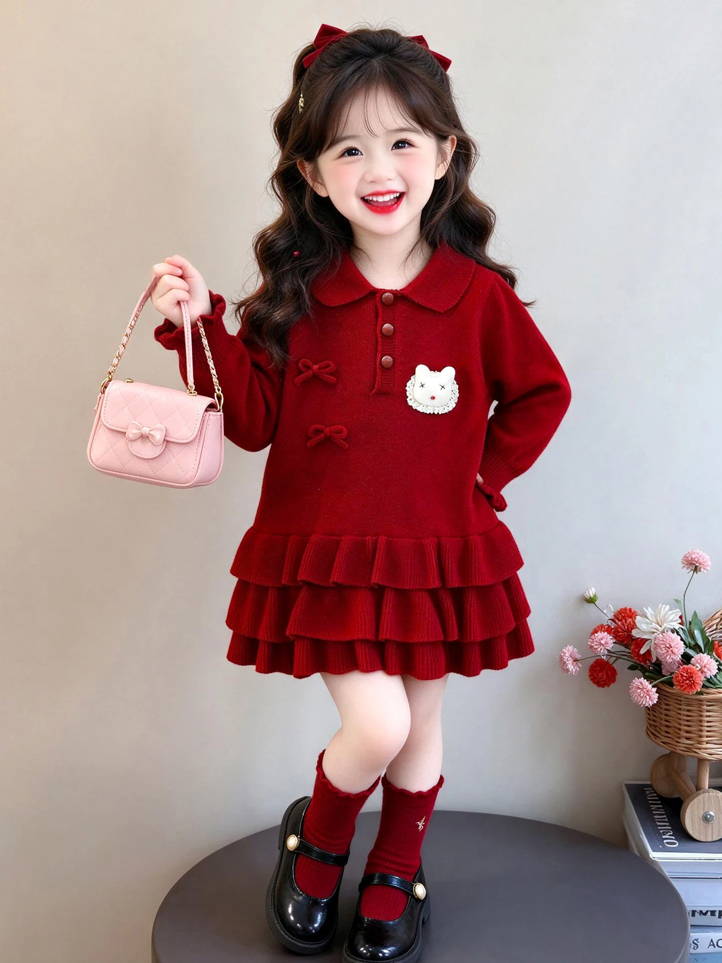 Vestido de malha para meninas, vestido vermelho estilo princesa, manga longa, quente e confortável, lã espessa, outono invern...
