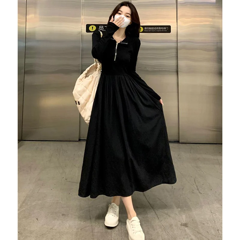 Fashion Stand Collar Zipper Spliced Folds Casual Dress Female Clothing 2024 Autumn New Loose Korean Solid Color Princess Dress