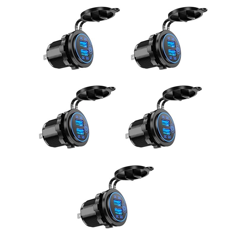 Cargador USB Dual para coche, dispositivo de carga rápida 3,0, 12V, 36W, con interruptor, para barco, motocicleta, camión, carrito de Golf, color azul, 5 uds.