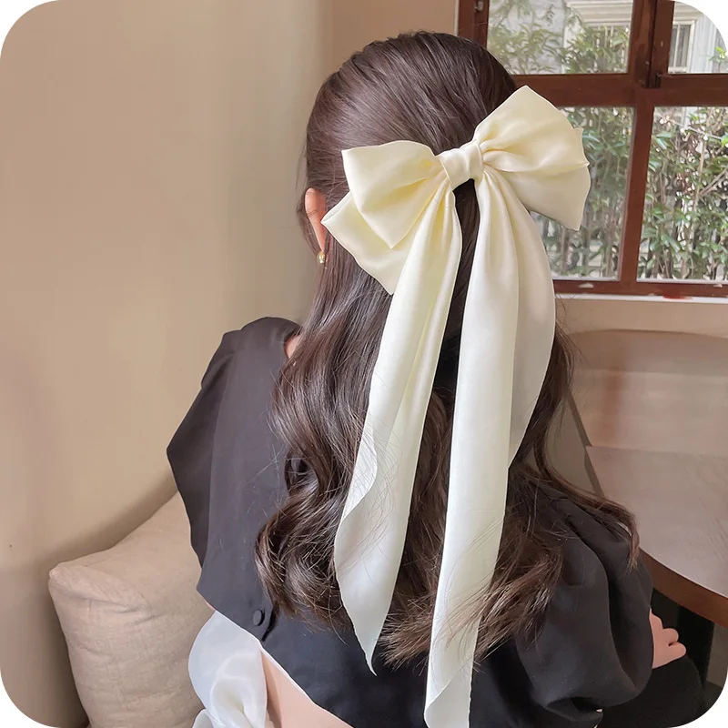 New Elegant Bow Ribbon Hair Clip Fashion Simple Solid Satin Spring Clip Hair Pin Retro Headband with Clips Girl Hair Accessories