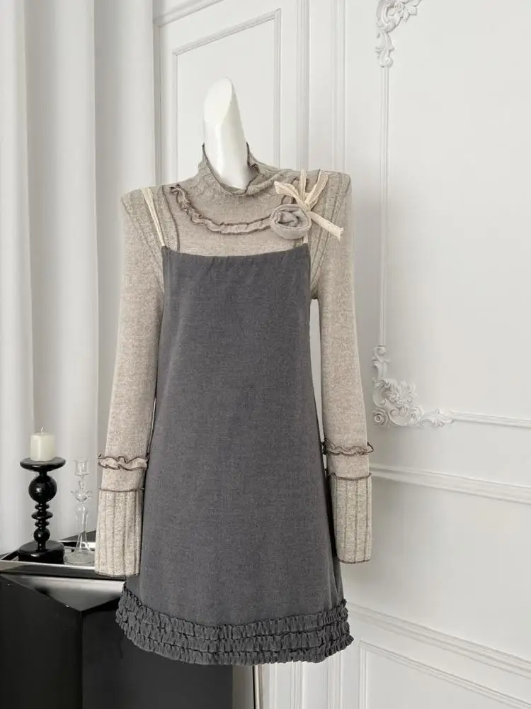 

Vintage Women Beige Half High Collar Elegant Short Tops And Grey Ruffles Slip Short Dresses Vacation Two-piece Set Autumn Winter